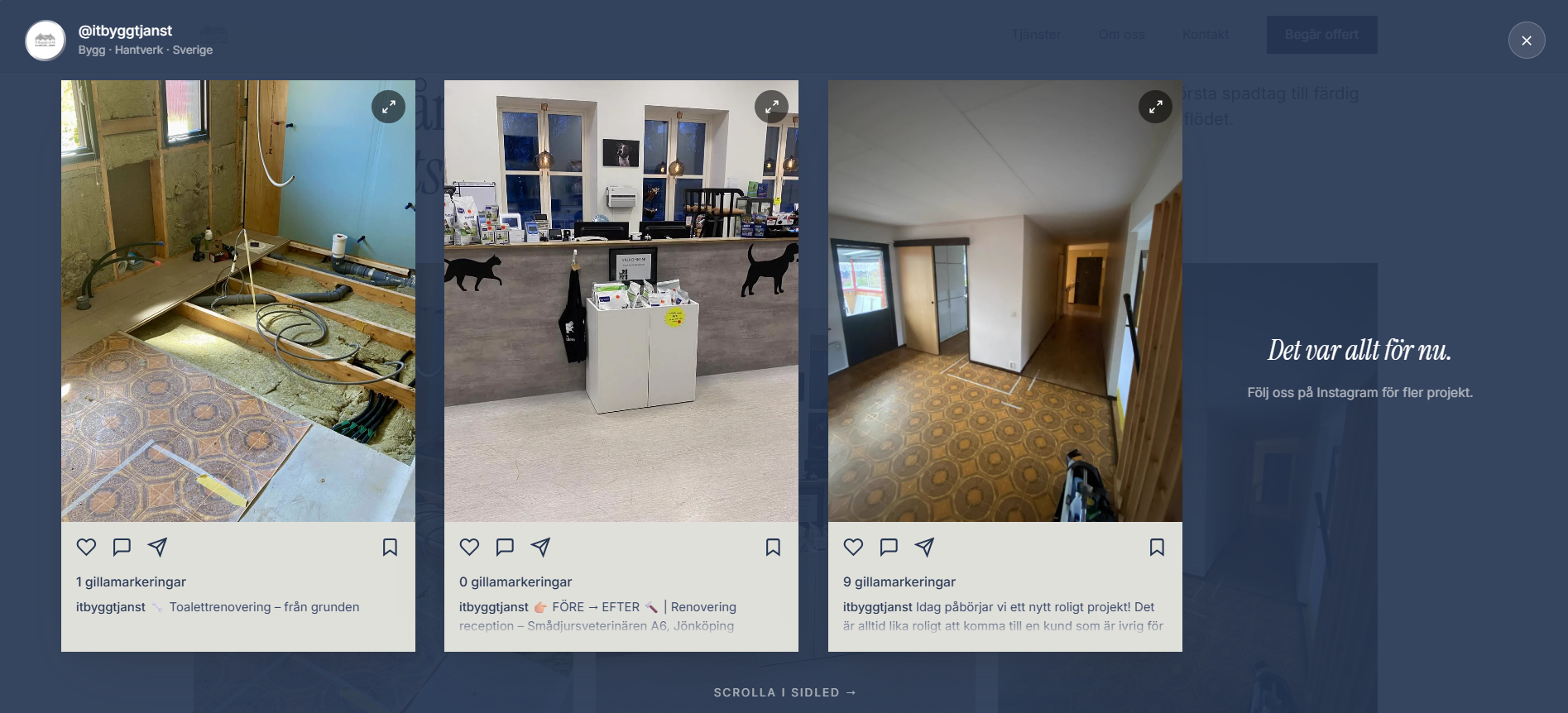 Instagram-sektionen på itbyggtjänst.se med inlägg i ett horisontellt flöde